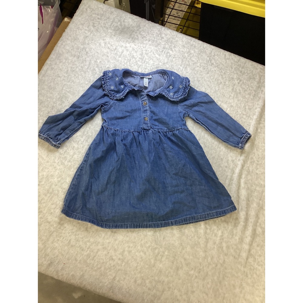 Cat & Jack Girls 4T Blue‎ Denim Chambray Dress Floral Embroider Peter Pan Collar
